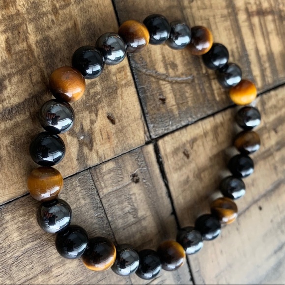 8mm Tiger Eye - Black Onyx - Hematite Bracelet - Picture 3 of 11